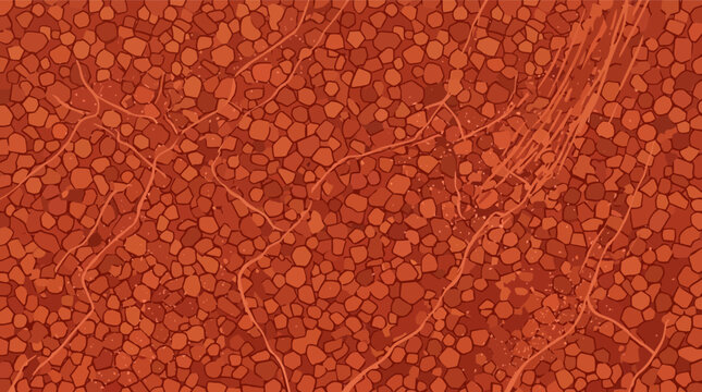 Abstract red clay micro-terrain vector illustration featuring detailed pebble soil textures, organic root networks, and fine earthy scratches in a terracotta mineral palette.