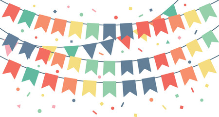 Obraz premium Colorful party bunting flags hanging with confetti for celebration and festive events