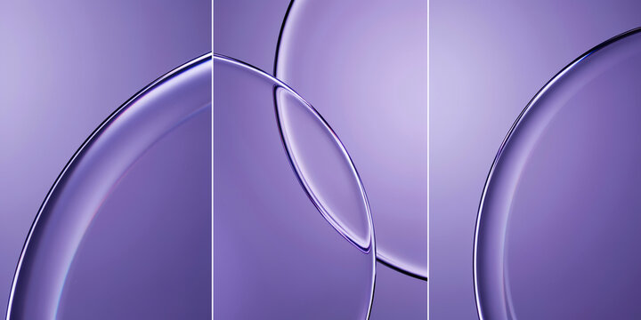 Abstract background, featuring intersecting transparent, glass circles in, soft purple tones