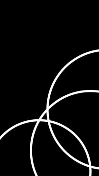 Abstract white overlapping intersecting circles with geometric line curves forming a modern graphic design pattern.