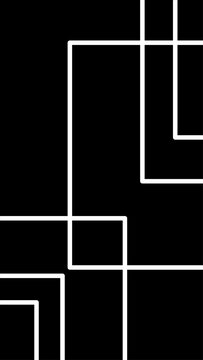Abstract white geometric square lines overlapping on black background vertical linear layout design.
