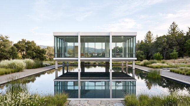 Modern Glass Pavilion House Elevated Above Reflecting Pool Surrounded by Nature