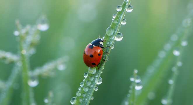 A vibrant ladybug perched on a blade of grass covered in morning dew drops