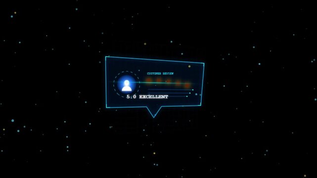 Digital customer review interface with five star rating and feedback hud animation digital interface