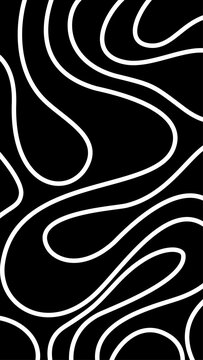 abstract white wavy lines forming fluid organic contour pattern on black background.