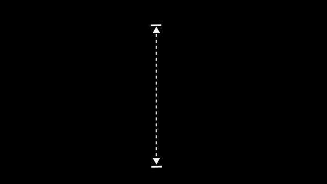 Minimalist vertical measurement arrow animation with dashed line and end caps on a solid black background, for precise technical, data visualization, ui, and infographics