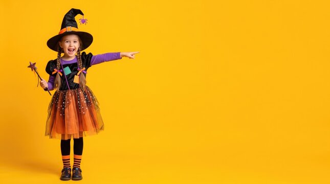 Young girl dressed as a witch poses with a playful expression on a yellow background