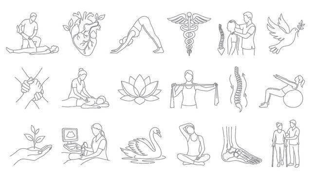 Healthcare  Wellness Line Art Icons Collection - Medical, Therapy, Yoga, Anatomy Outline Symbols Set