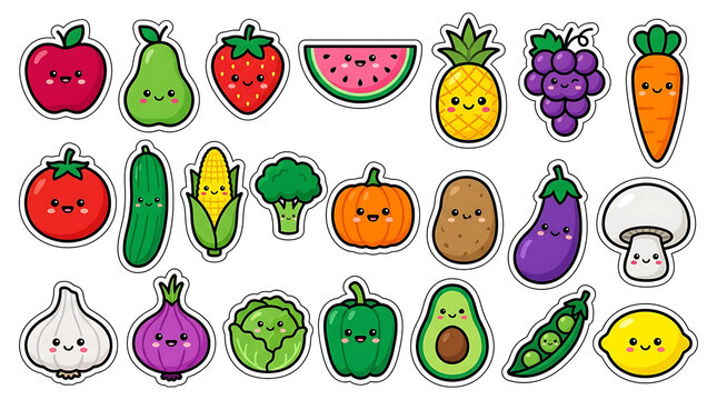Cute cartoon fruits and vegetables with smiling faces isolated on white background