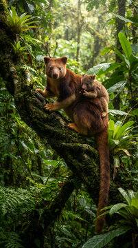 Tree kangaroo with joey in lush tropical rainforest