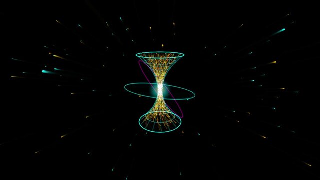 Wormhole time travel portal abstract animation with glowing particles and energy rings spacetime quantum physics