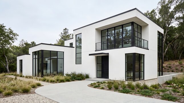 Modern Two-Story White House Exterior with Large Glass Windows