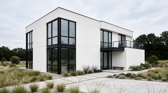 Modern Two-Story White House with Steel Window Frames