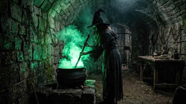 A shadowy witch stirs a bubbling green potion in a dimly lit stone chamber