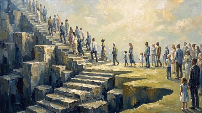Diverse Group Ascending a Stone Staircase Towards a Bright, Hopeful Sky - Oil Painting