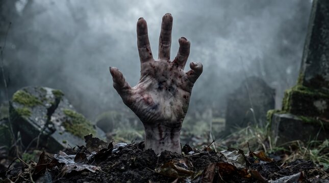 A chilling and eerie image depicts a decaying hand reaching out from a dark ominous and unsettling graveyard scene evoking fear
