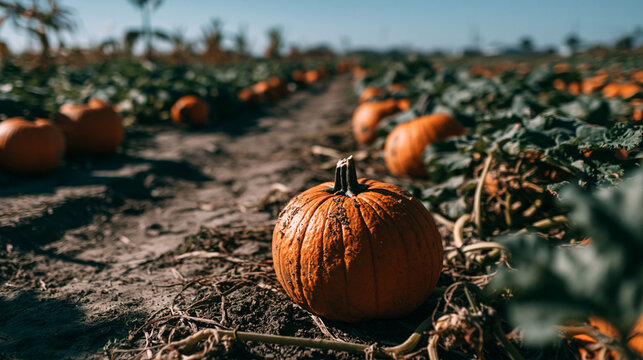 Ripe orange pumpkins growing in a field during autumn harvest season with pumpkin patch