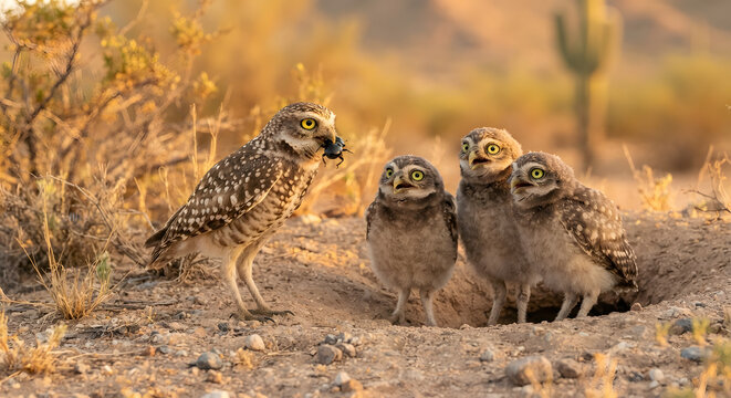 Burrowing owl mother feeding her chicks in the desert
