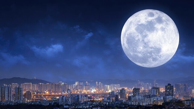 High-Angle Urban Night View of Giant Full Moon Above City Skyline at Blue Hour