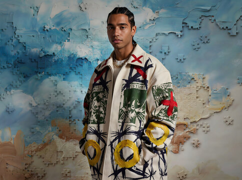 A stylish young man wears a striking patterned overcoat set against a dynamic, ethereal cloudscape background