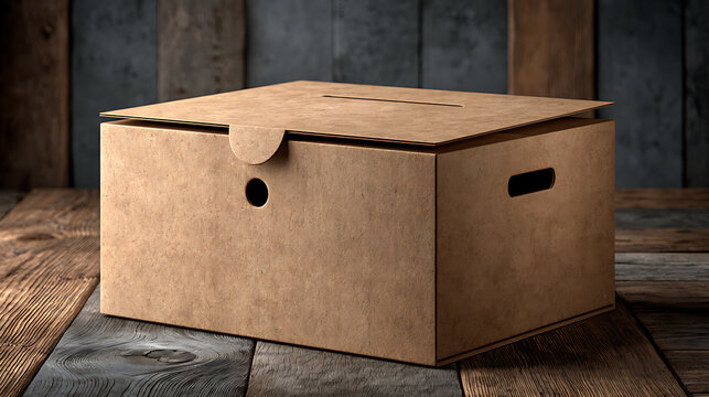 Cardboard box with die cut template rests on a weathered wooden surface