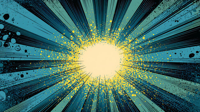 Radial burst pattern with yellow splatter and blue speed lines