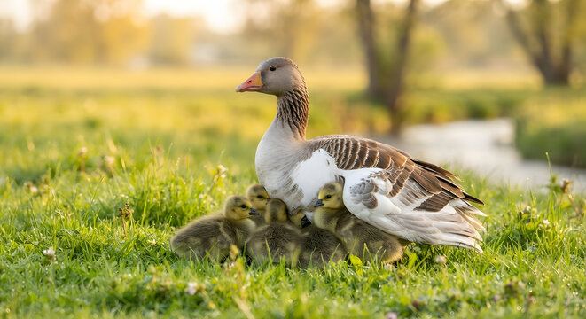 A mother goose protecting her goslings in a grassy meadow during golden hour