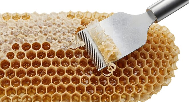 Detailed Macro 3D Render of Scraping Beeswax from Raw Honeycomb with an Uncapping Fork