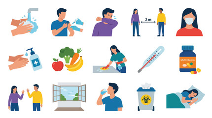 Fototapeta premium Medical Prevention Icons: Handwashing, Vaccination, Mask, Social Distancing, Food, Cleaning, Thermometer, Medicine