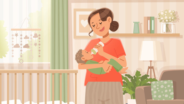 Mother bottle feeding her baby at home. Motherhood. Flat style vector illustration