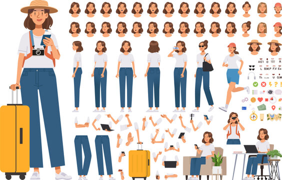 Female traveler character creation kit. Character constructor. Set of arm, leg, body, and head poses, gestures, and emotions. DIY kit. Flat style vector illustration