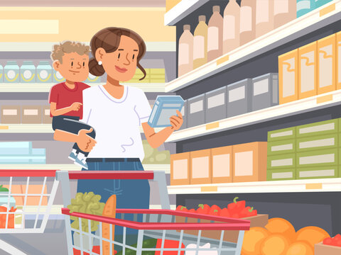 Mother and her child shopping at a supermarket. Grocery shopping. Flat style vector illustration