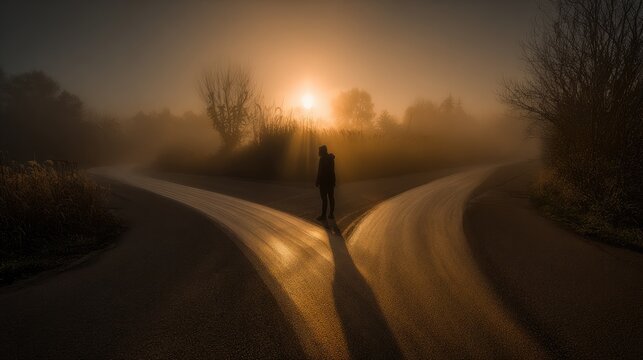 Solitary Person at Crossroads Choosing Between Dark Mist and Golden Sunlight Symbolizing Mental Health Recovery