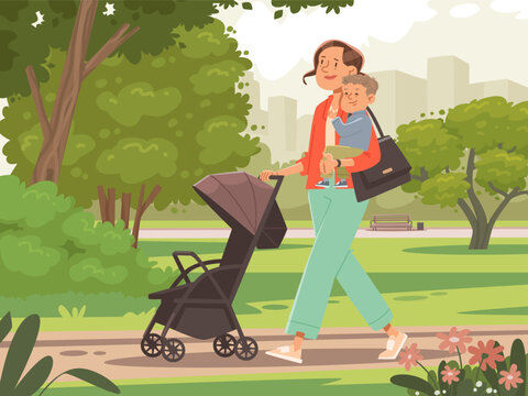 Mother pushing an empty stroller with a baby in her arms. Motherhood. Flat style vector illustration.