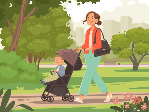 Mother walks with her baby in a stroller in a city park. Motherhood. Flat style vector illustration