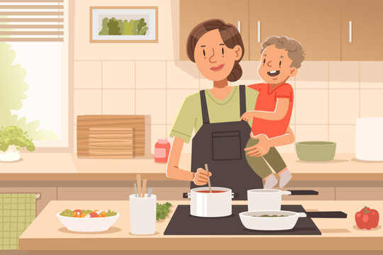 Mother cooking with her baby in a cozy kitchen. Motherhood. Flat style vector illustration