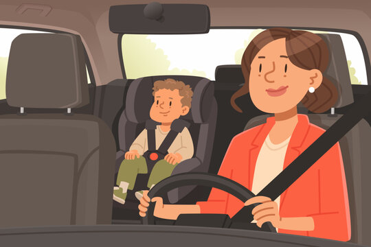 Mother driving a car with her child securely fastened in a child car seat. Flat style vector illustration
