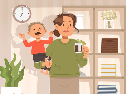 Tired, sleep deprived mother holds a crying child. The real side of motherhood. Flat style vector illustration