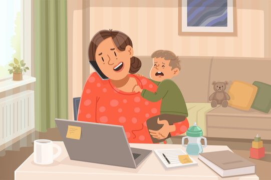 Working mother holding a baby tries to concentrate while the child cries and acts up. Flat style vector illustration