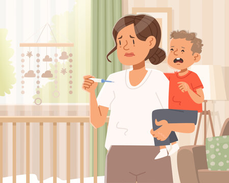 Worried mother looks at a baby with a high fever. Caring for a sick young child at home. Flat style vector illustration