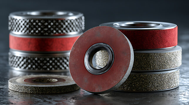 Diamond grinding wheels and sanding discs rest on a dark surface