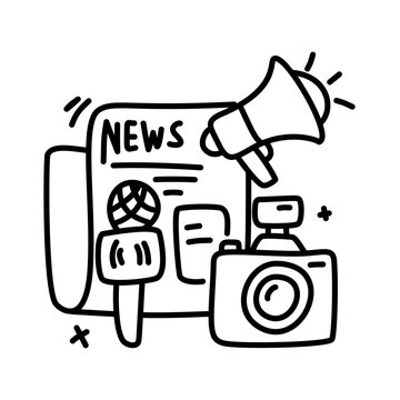 Hand drawn doodle of news and journalism icons including newspaper megaphone microphone and camera.