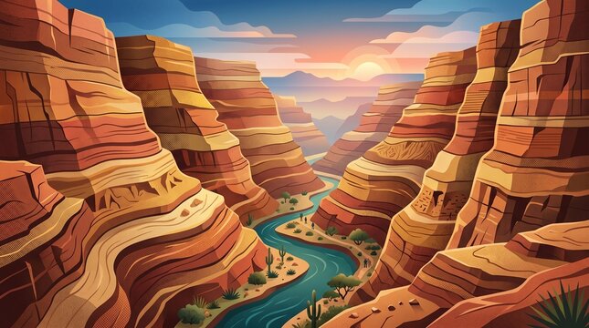 Grand Canyon landscape at sunset with river and hikers