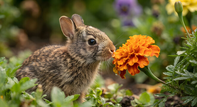 Cute baby rabbit sniffing a vibrant orange marigold flower in a garden