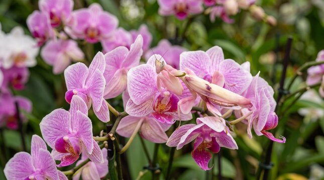 Orchid mantis camouflaged on pink orchid flower
