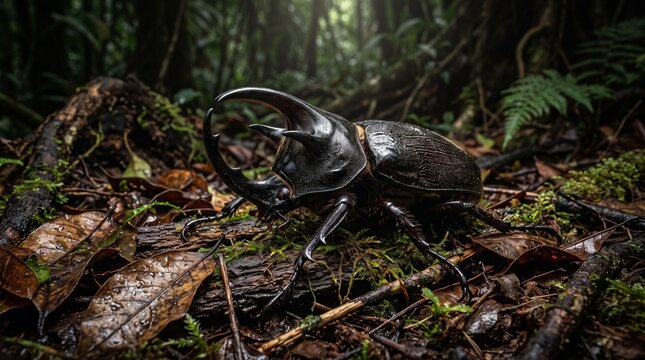 Large rhinoceros beetle on forest floor