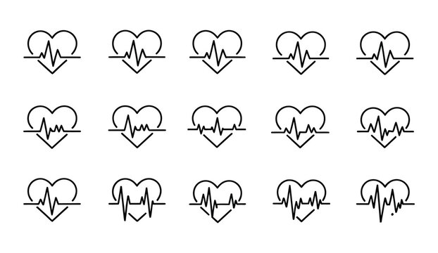 Heartbeat ECG Line Icons showing healthy and abnormal cardiac rhythms for medical monitoring, cardiology, healthcare, and diagnosis