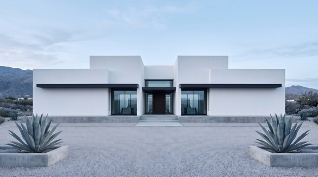 Modern Minimalist Desert House Exterior with Agave Plants