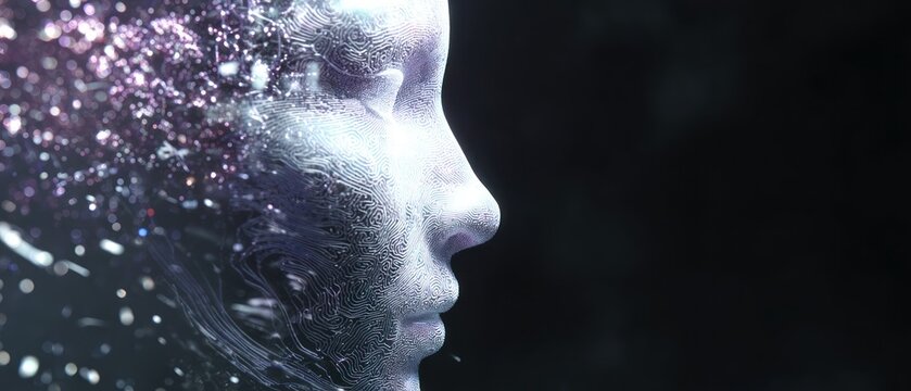 Abstract human face dissolving into particles and light effects