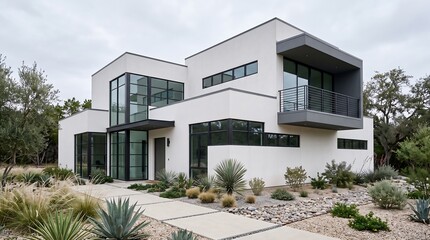Fototapeta premium Modern Two-Story Architectural House Exterior with Desert Landscaping